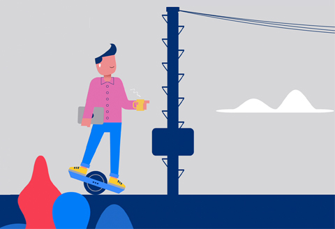 Illustration of a man on a hoverboard speeding through the streets.